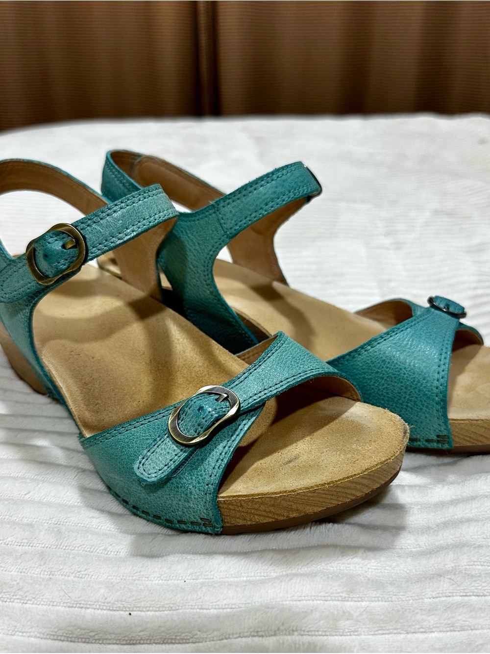 Dansko Tricia Leather Wedge Sandals with Buckle Trim in Lagoon